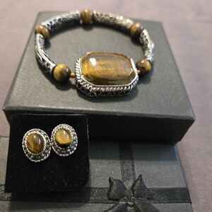 Silver and Brown Gemstone Bracelet Set